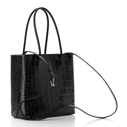 Balenciaga Shiny Calfskin Logo Crocodile Embossed North South Shopper Tote XXS Black White 3 of 15