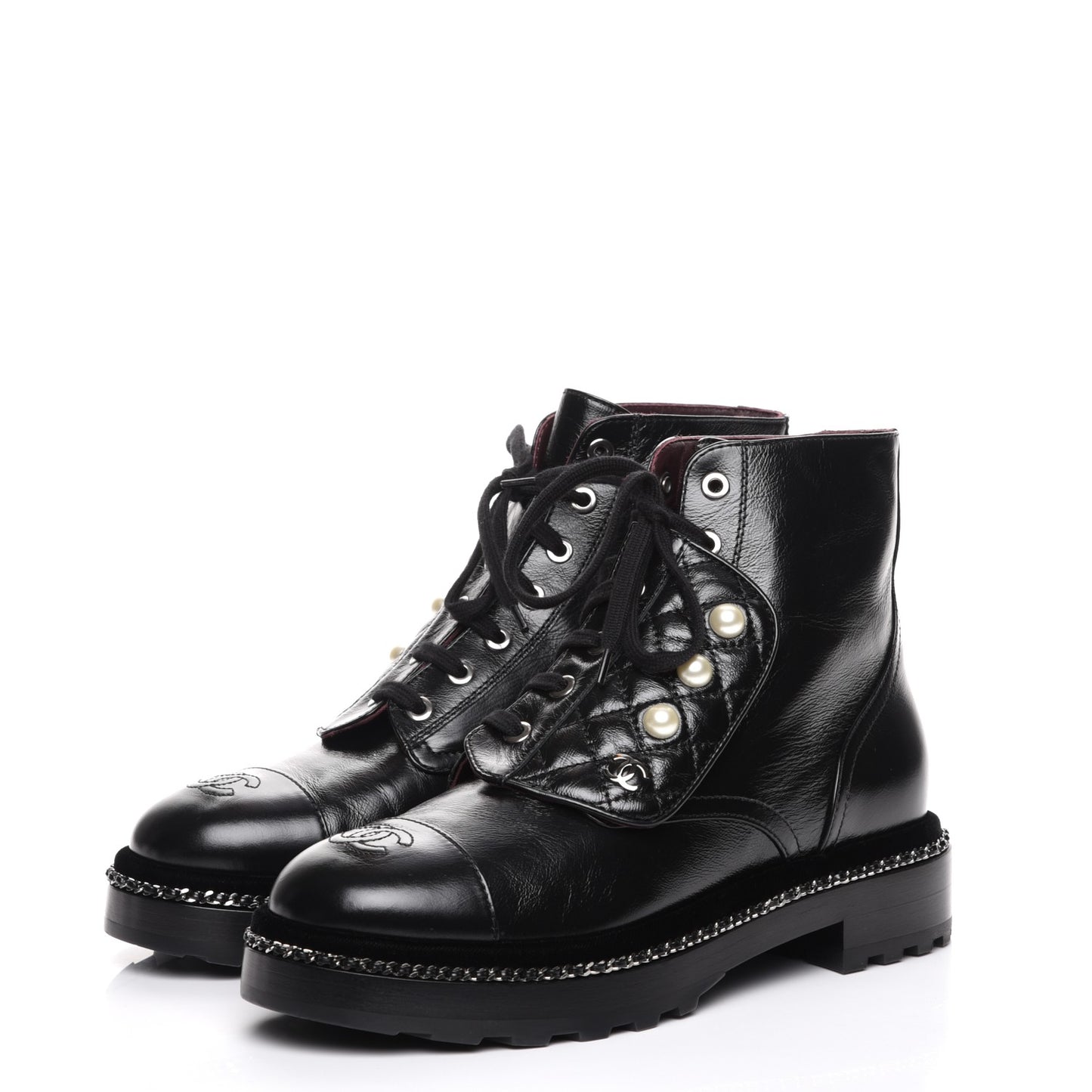 Crinkled Calfskin Pearl Combat Short Boots 38 Black