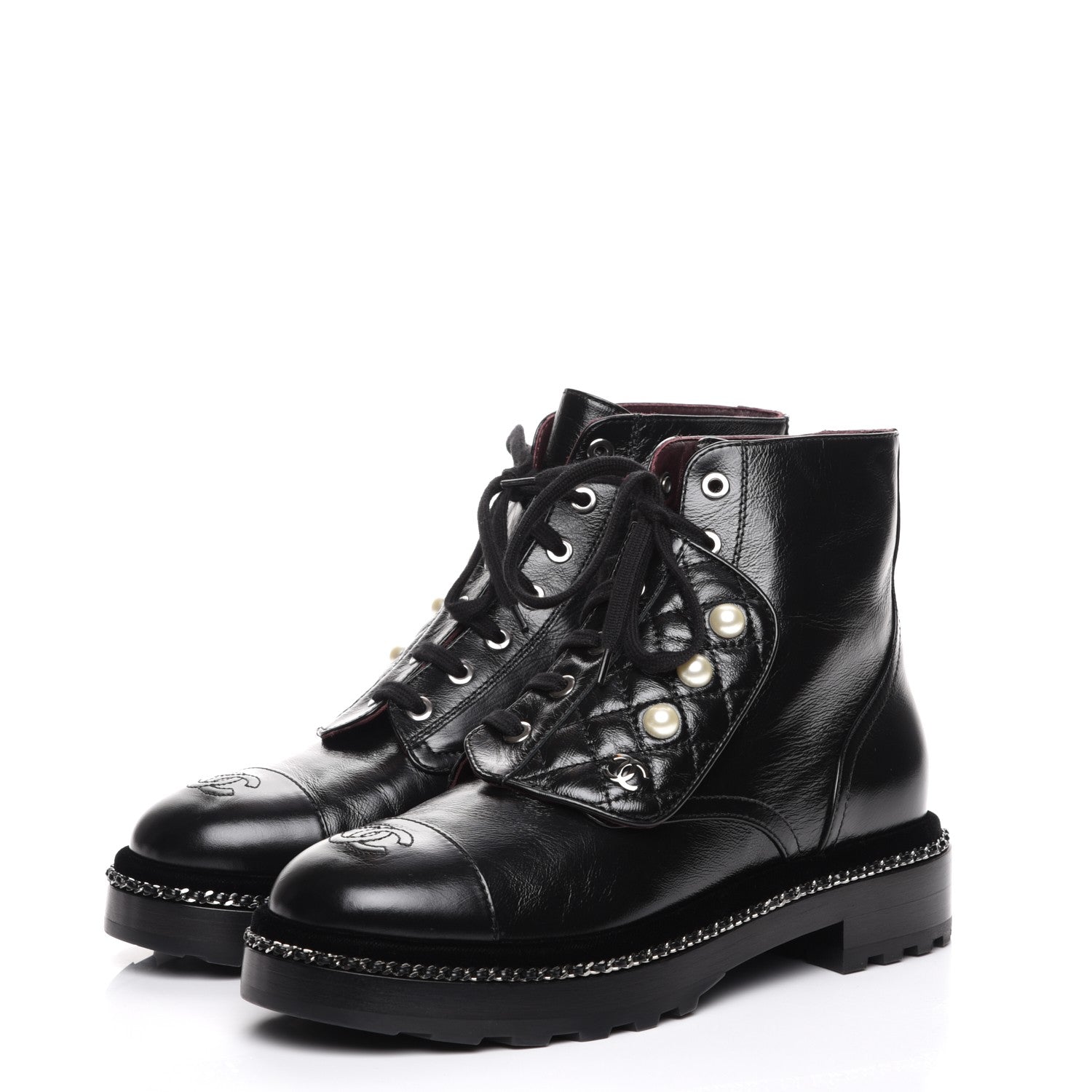 Chanel Crinkled Calfskin Pearl Combat Short Boots 38 Black 3 of 9