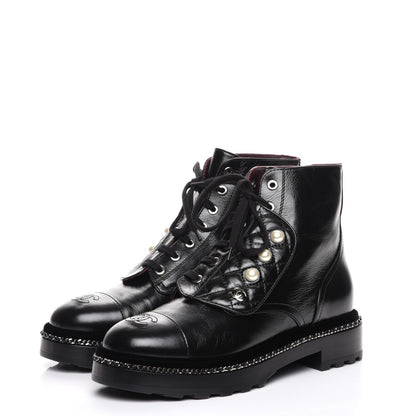 Chanel Crinkled Calfskin Pearl Combat Short Boots 38 Black 3 of 9