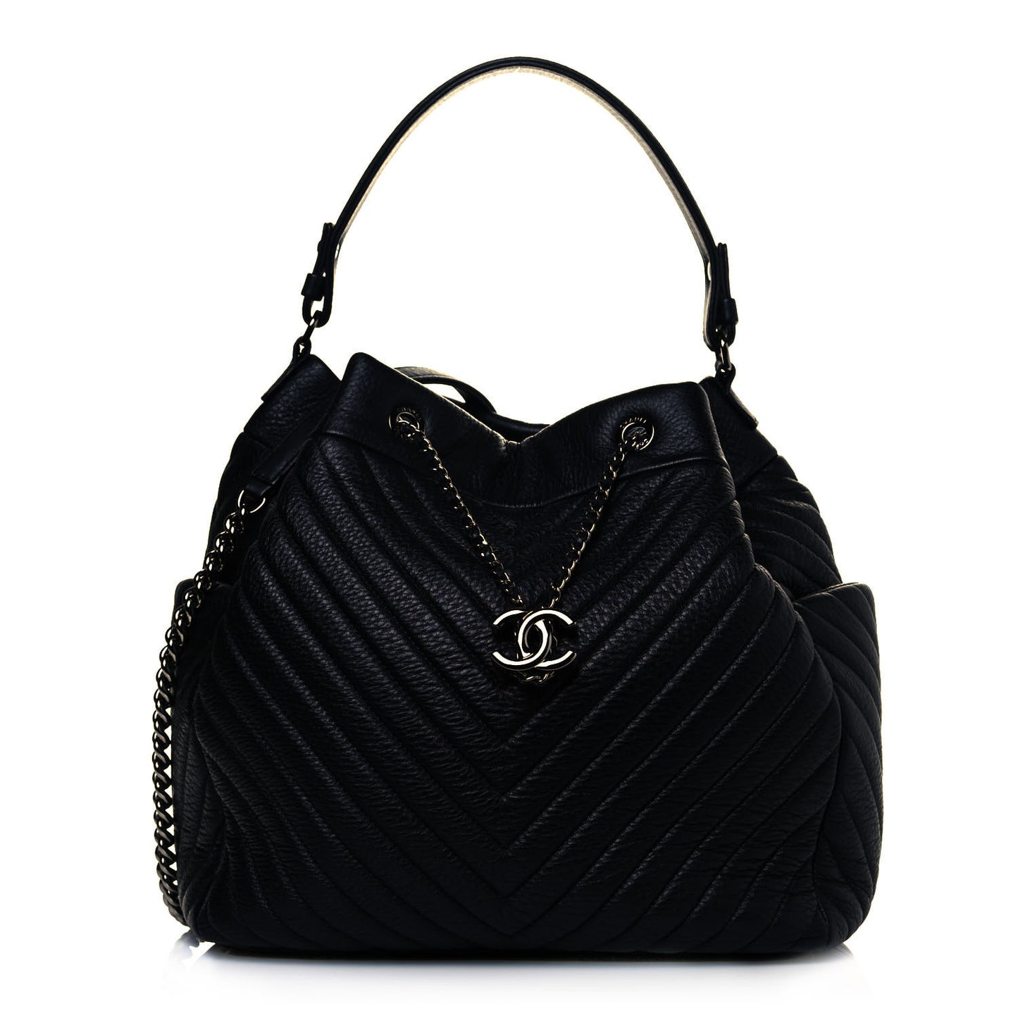 Deerskin Chevron Large CC Chain Bucket Drawstring Bag Black