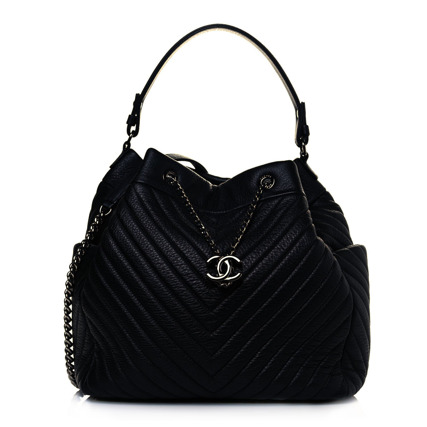 Chanel Deerskin Chevron Large CC Chain Bucket Drawstring Bag Black 1 of 13