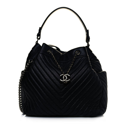 Chanel Deerskin Chevron Large CC Chain Bucket Drawstring Bag Black 1 of 13
