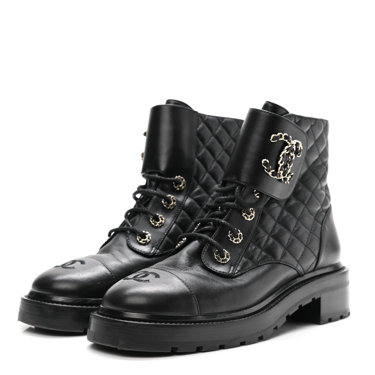 Shiny Calfskin Quilted Lace Up Combat Boots 40 Black