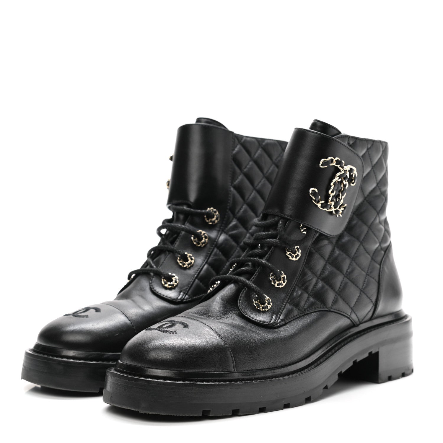 Chanel Shiny Calfskin Quilted Lace Up Combat Boots 40 Black 3 of 9