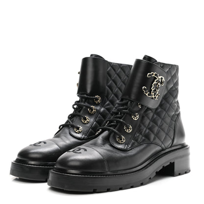 Chanel Shiny Calfskin Quilted Lace Up Combat Boots 40 Black 3 of 9