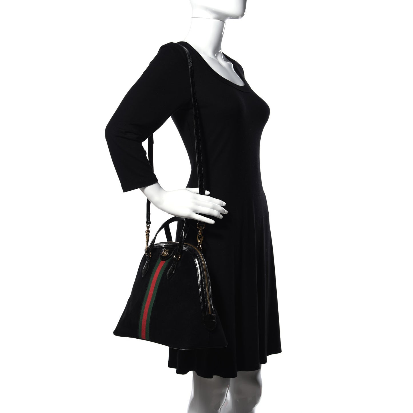 Suede Patent GG Web Medium Ophidia Top Handle Dome Bag Black