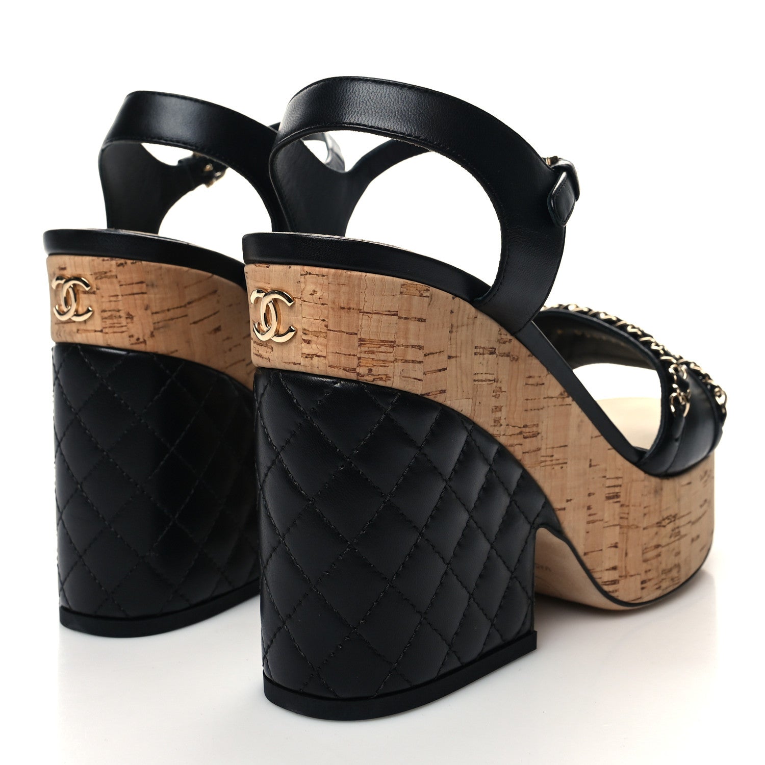 Chanel Lambskin Quilted Chain Cork Wedge Sandals 40 Black 4 of 8