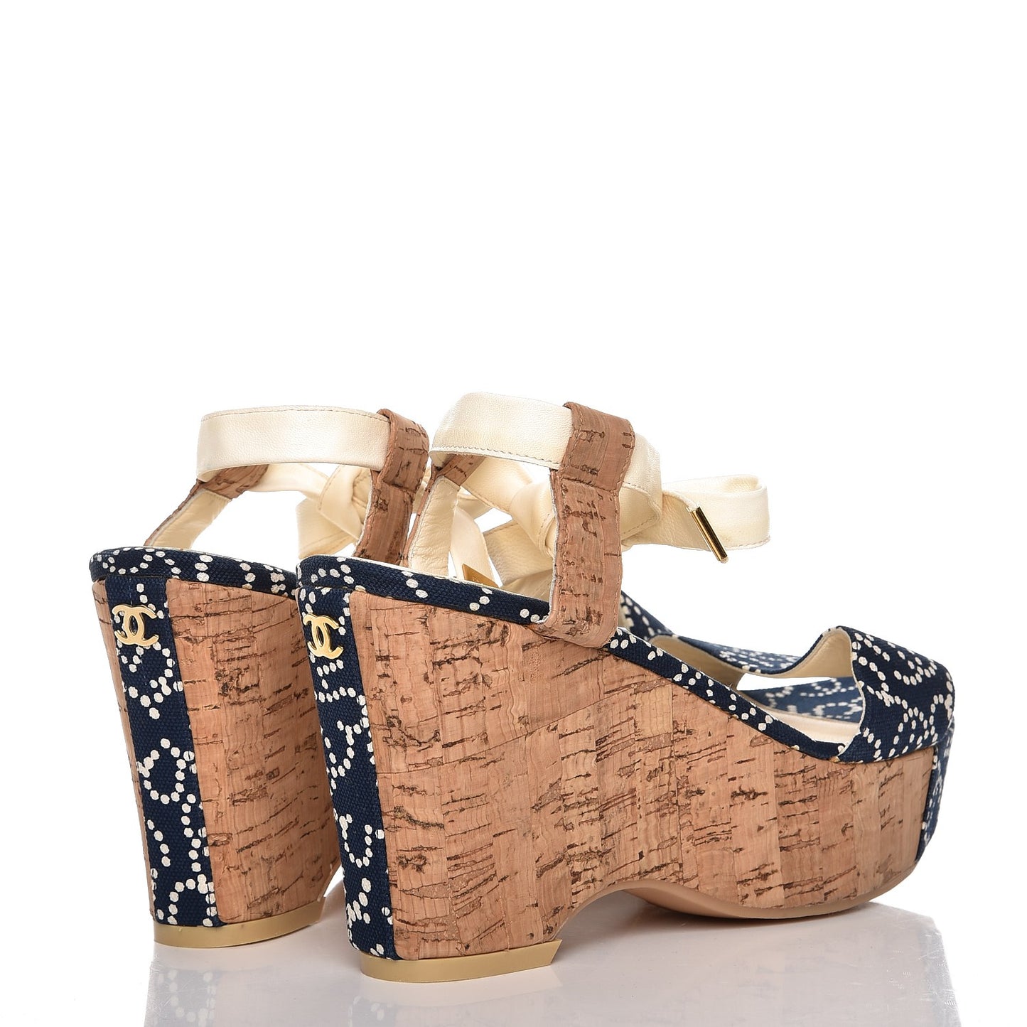 Canvas Lambskin Cork CC Wedge Sandals 38 Navy Blue