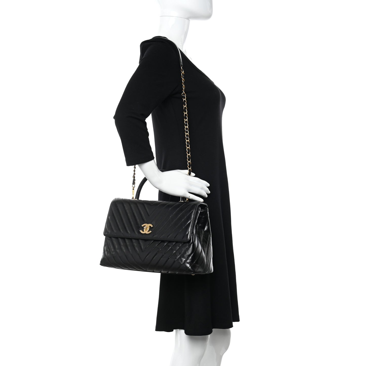 Calfskin Lizard Chevron Quilted Medium Coco Handle Flap Black