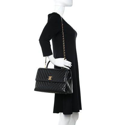 Chanel Calfskin Lizard Chevron Quilted Medium Coco Handle Flap Black 2 of 15