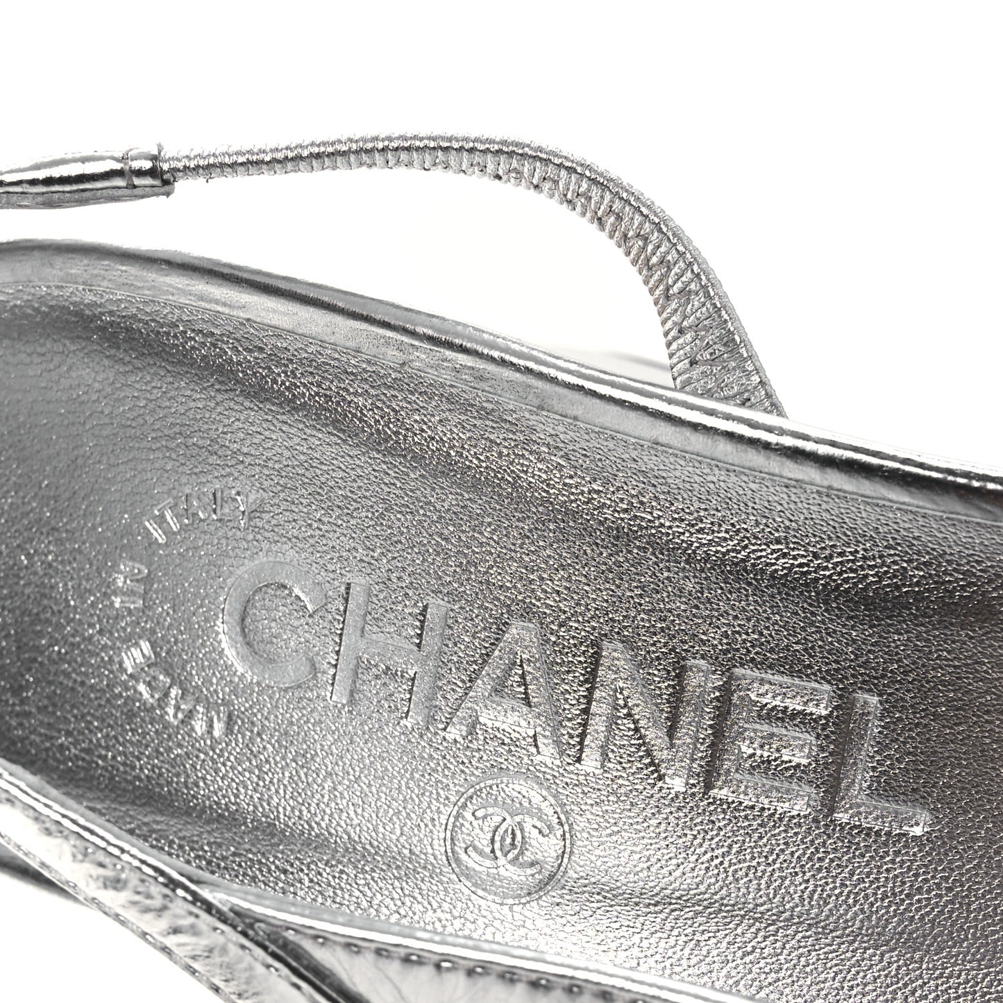 Laminated Crumpled Lambskin Grosgrain Cap Toe CC Slingback Pumps 37.5 Silver Black