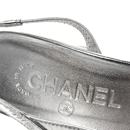 Chanel Laminated Crumpled Lambskin Grosgrain Cap Toe CC Slingback Pumps 37.5 Silver Black 9 of 12