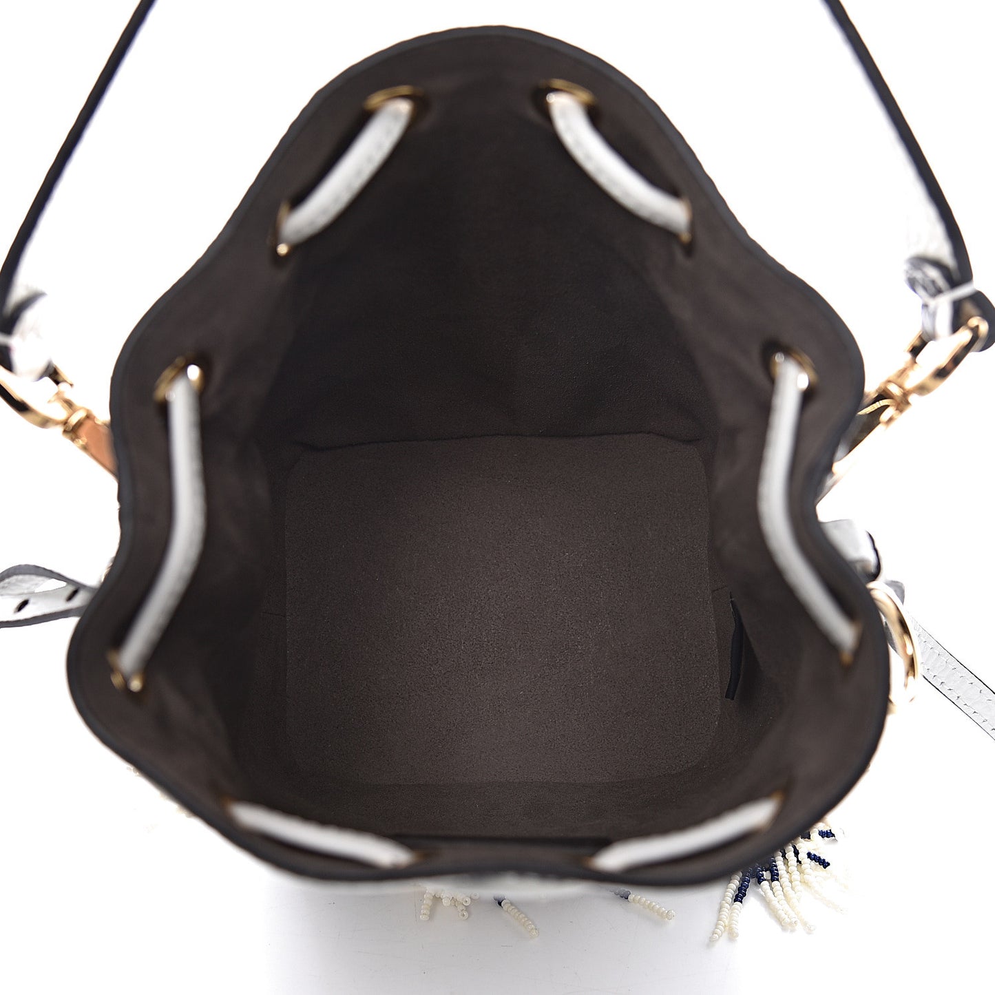 X FILA Calfskin F is Fendi Mania Fringe Mini Mon Tresor Bucket Bag White