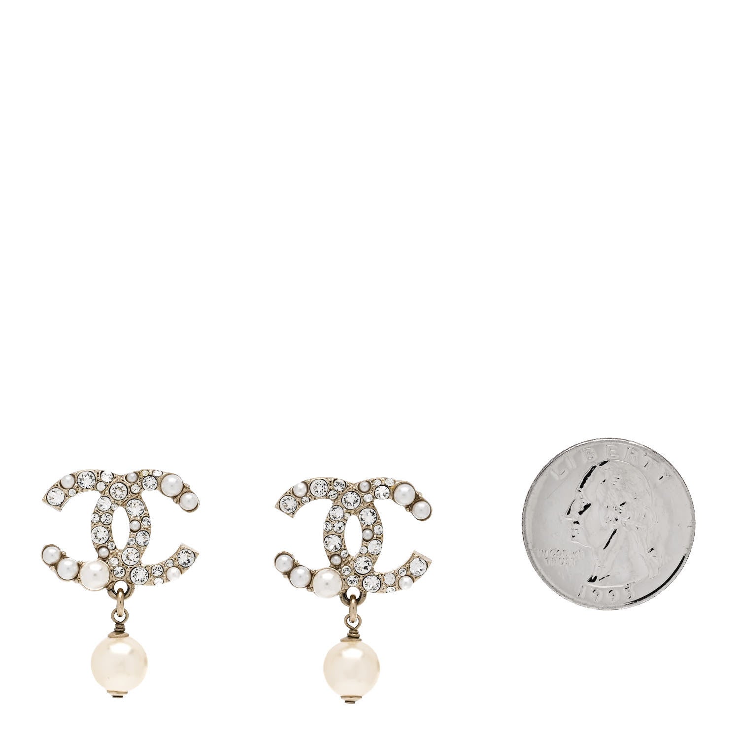 Chanel Crystal Pearl CC Drop Earrings  Gold Pearly White 2 of 4