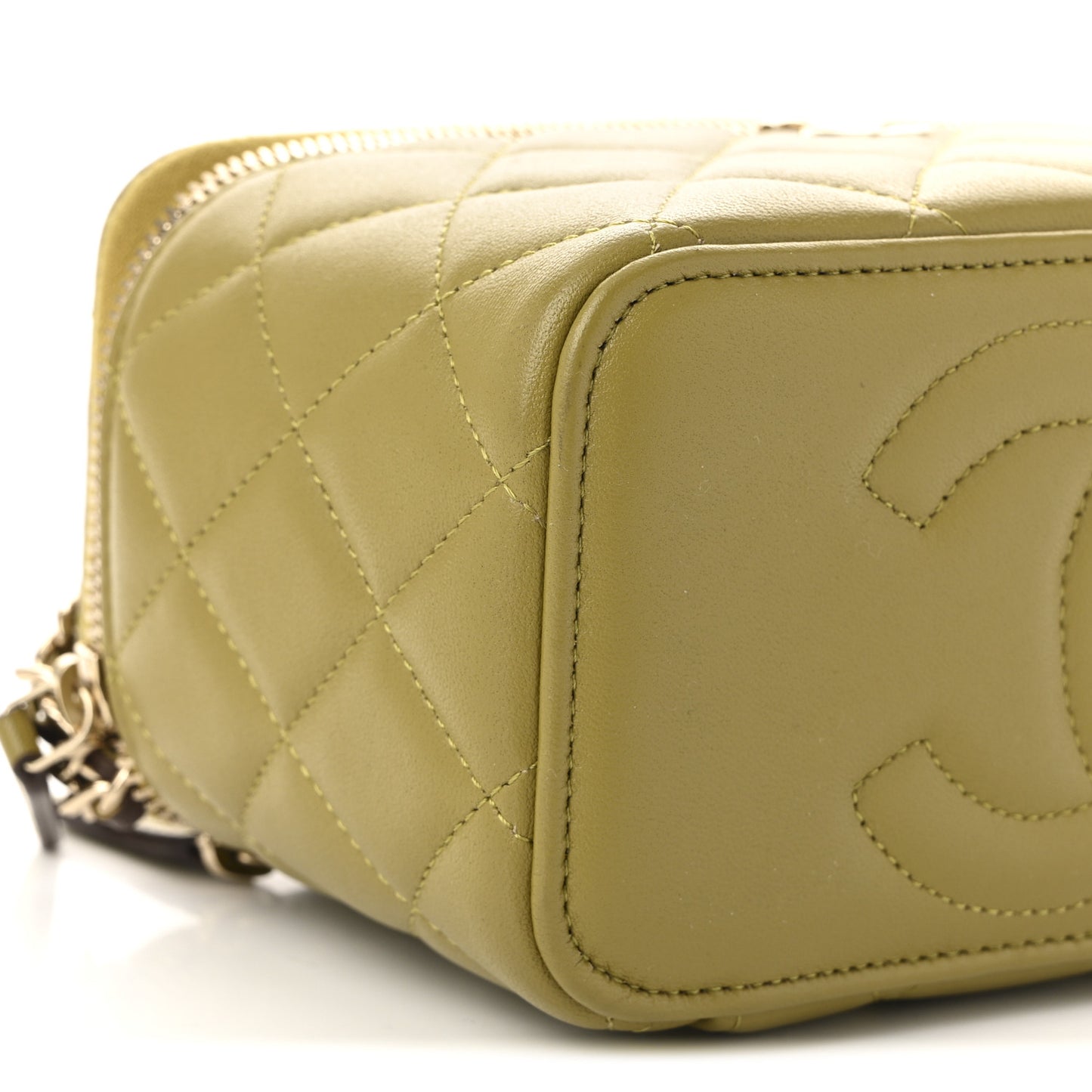 Lambskin Quilted Small Top Handle Vanity Case With Chain Green Brown
