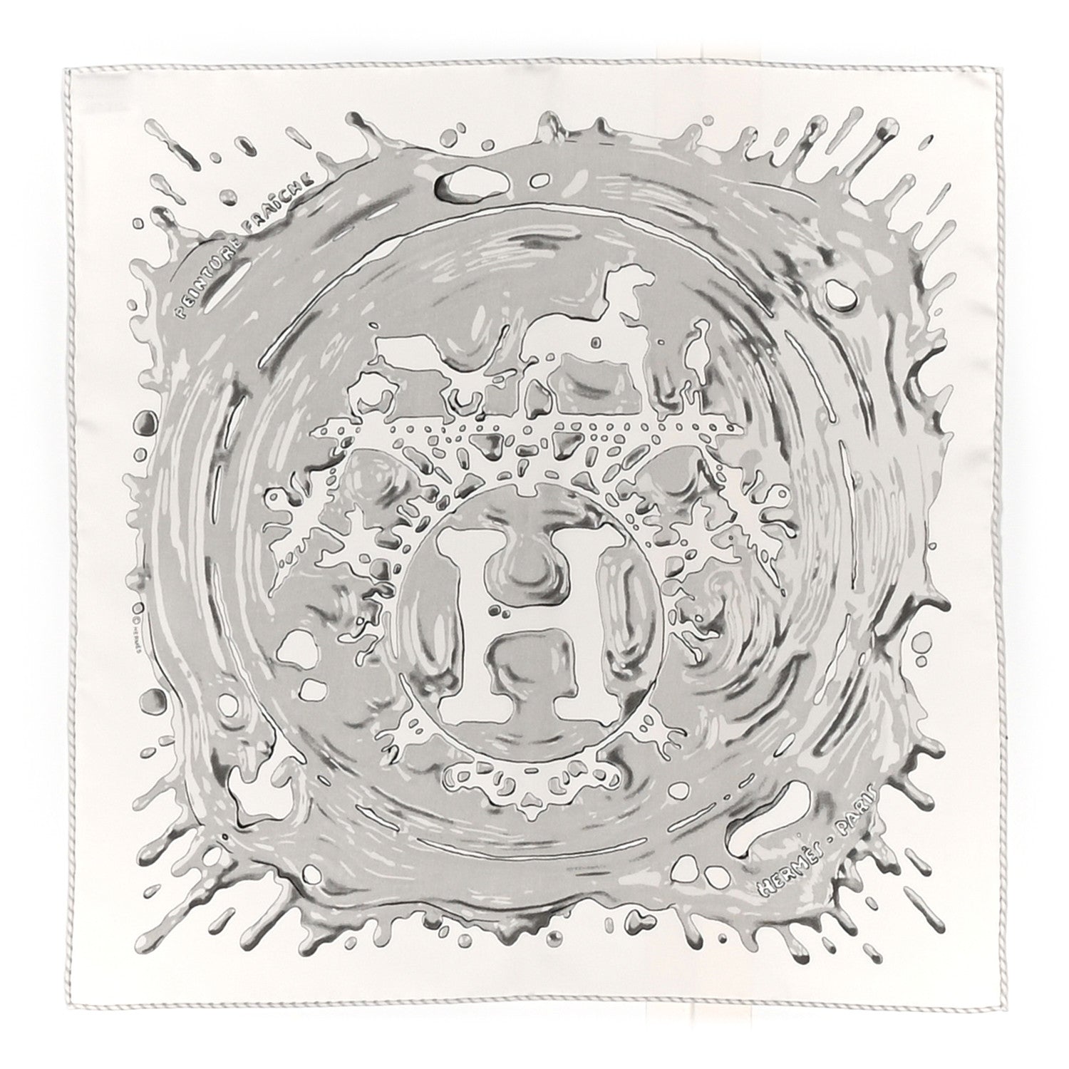 Hermes Silk Peinture Fraiche Pocket Square White Gris Perle 1 of 5