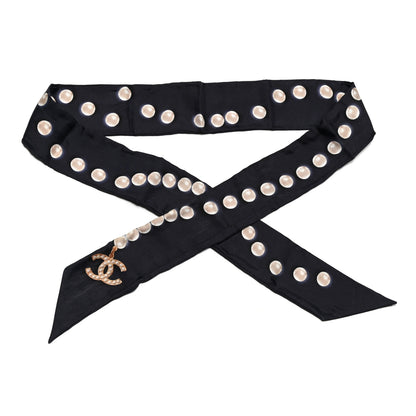 Chanel Silk Pearl CC Slim Bandeau Scarf Navy 1 of 3