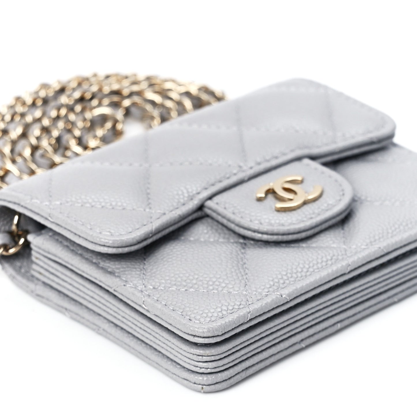 Caviar Quilted Flap Card Holder On Chain Grey