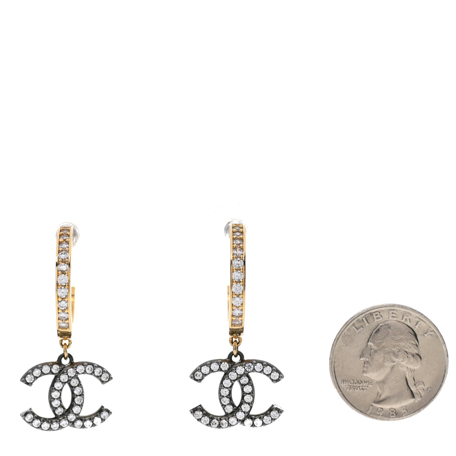 Chanel Crystal Lock Symbols CC Hoop Drop Earrings Gold Ruthenium 2 of 4