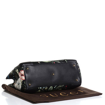 Gucci Canvas Cellarius Calfskin Flora Knight Medium Bamboo Shopper Tote Black 4 of 9