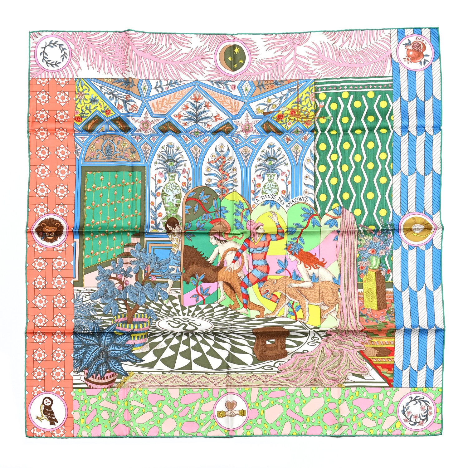 Hermes Silk La Danse Des Amazones Scarf 90 Vert d'eau Rose 1 of 6