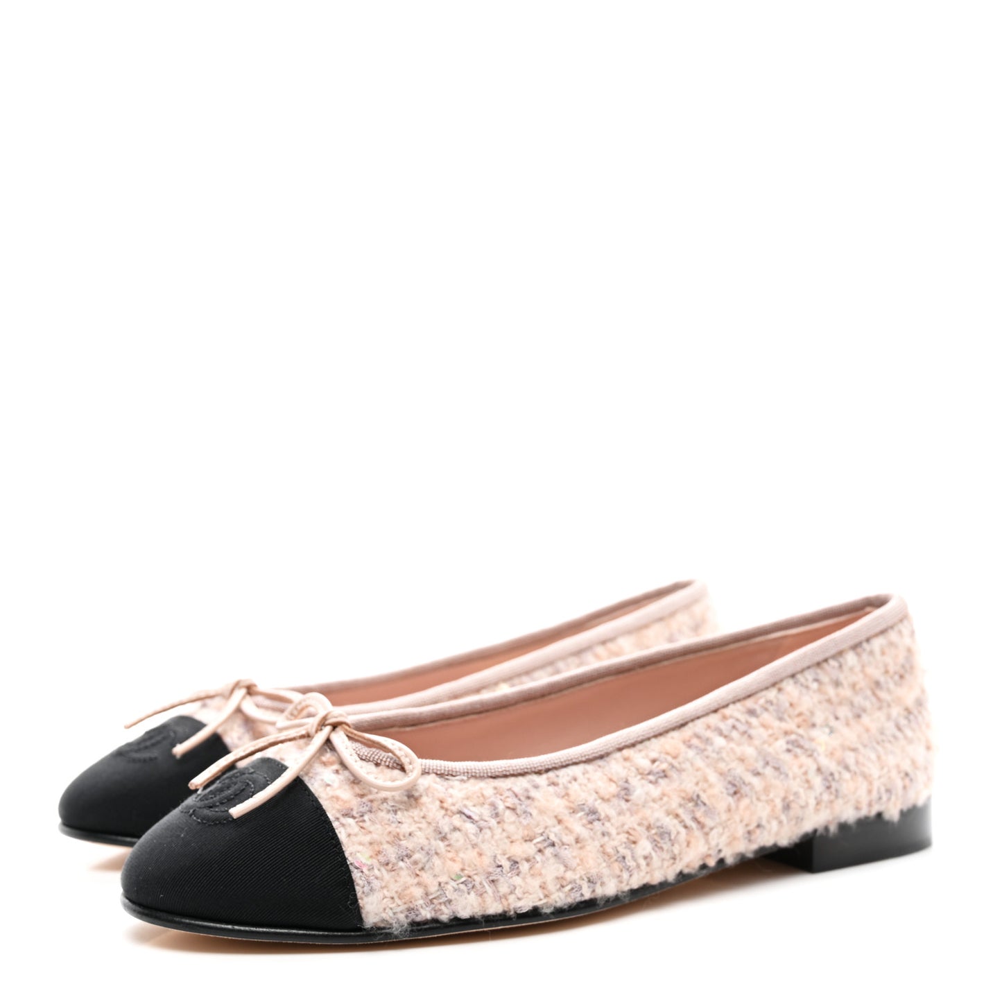 Tweed Grosgrain Cap Toe Ballerina Flats 37.5 Light Pink Black