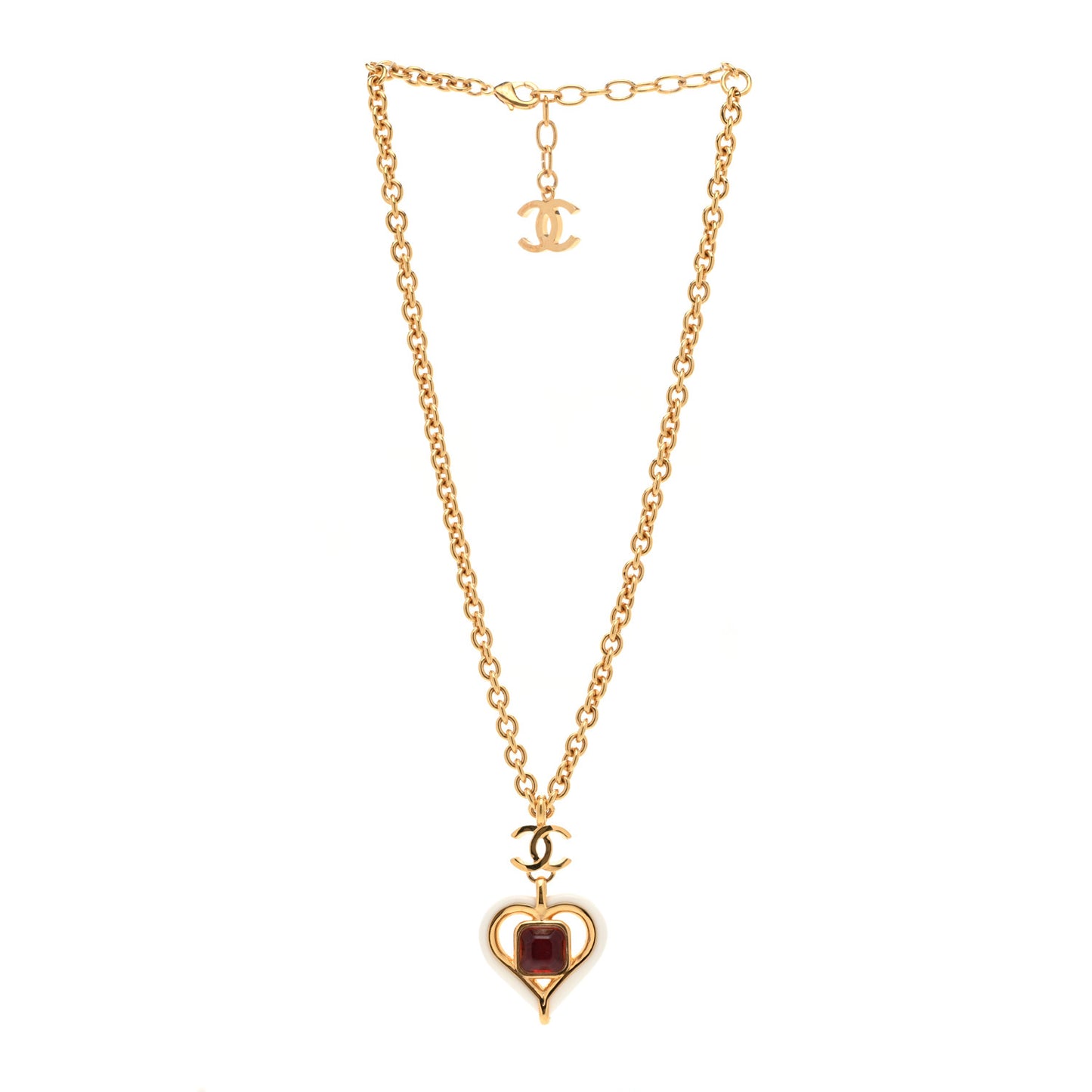 Resin Crystal Heart CC Pendant Necklace Red White Gold