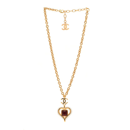 Chanel Resin Crystal Heart CC Pendant Necklace Red White Gold 3 of 4