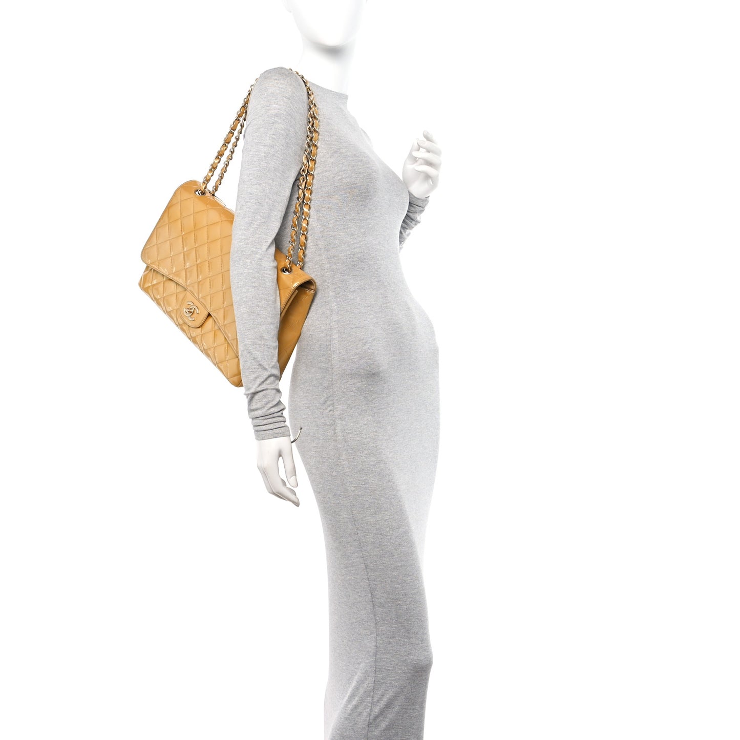 Metallic Patent Quilted Maxi Single Flap Beige