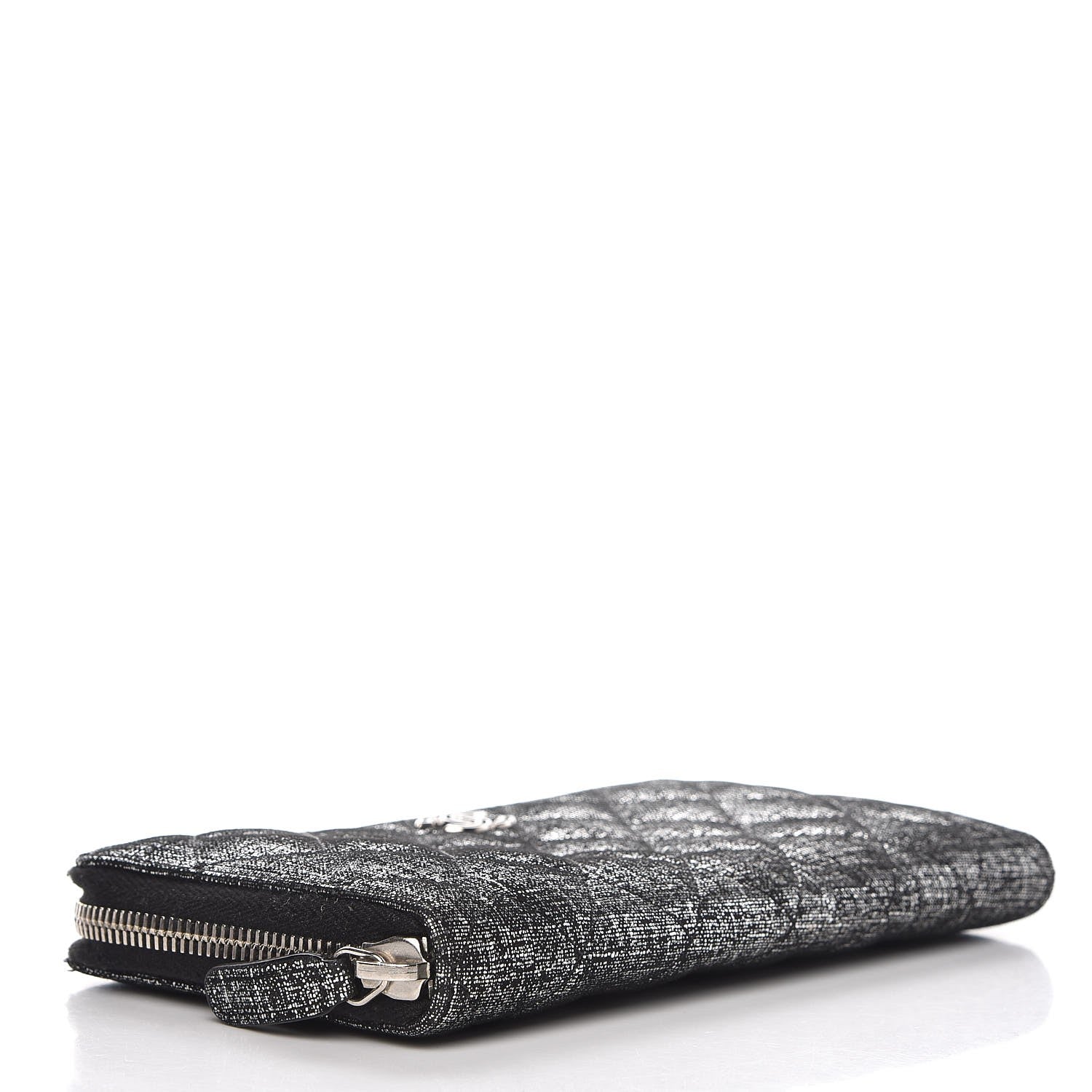 Chanel Metallic Fabric Quilted Zip Around Wallet Silver Black 4 of 8