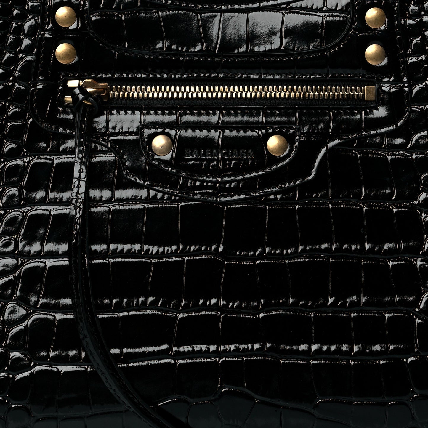 Shiny Supple Calfskin Crocodile Embossed Brass Hardware Neo Classic City Black