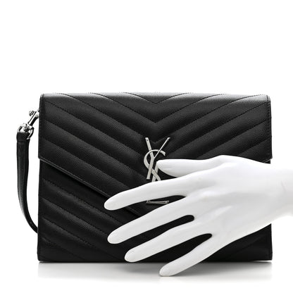 Saint Laurent Grain De Poudre Matelasse Chevron Monogram Envelope Clutch Black 2 of 10