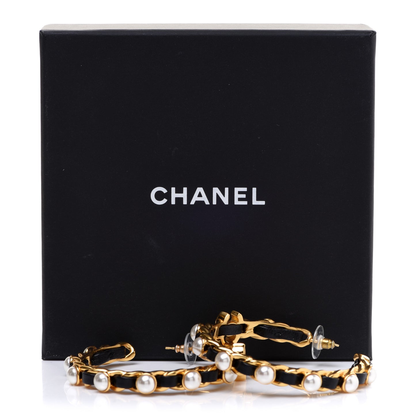 Lambskin Pearl More Is More CC Chain Hoop Earrings Gold Black