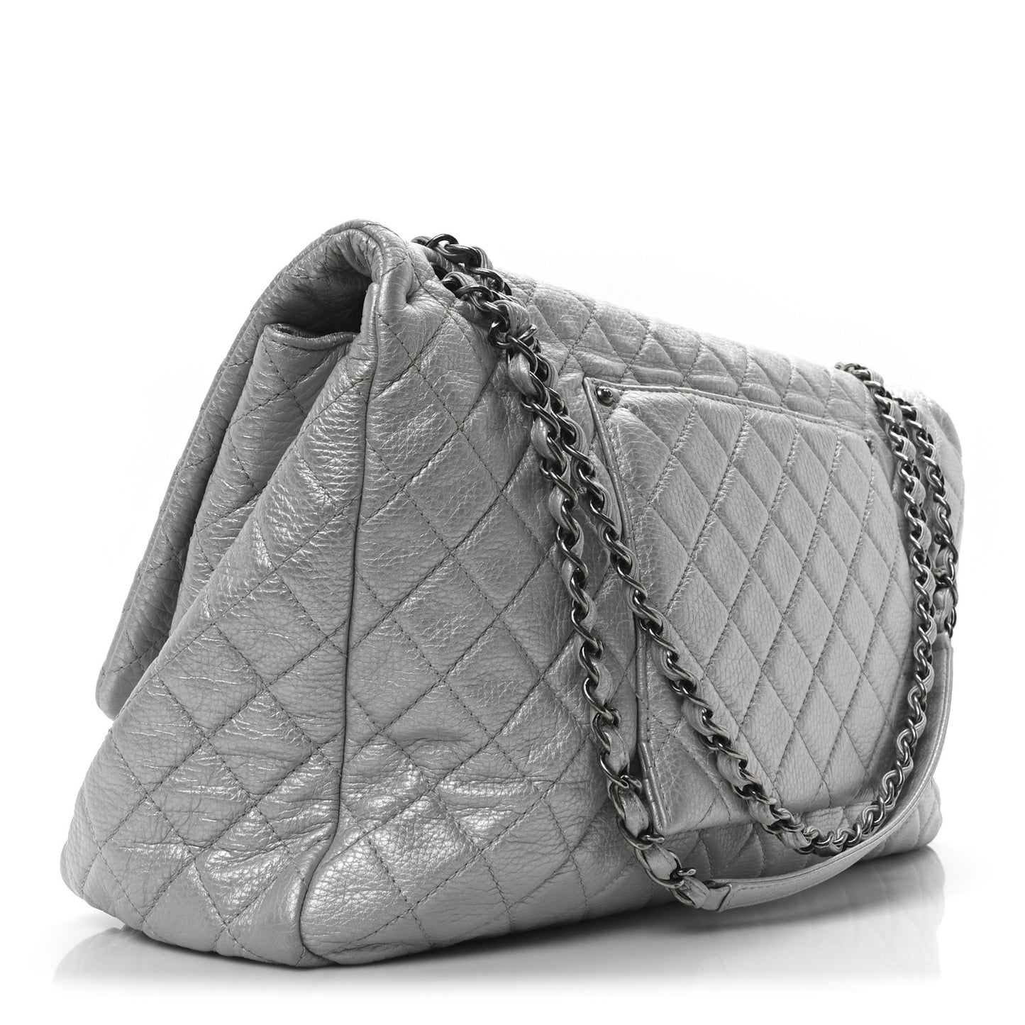 Metallic Calfskin Quilted XXL Travel Flap Bag Silver