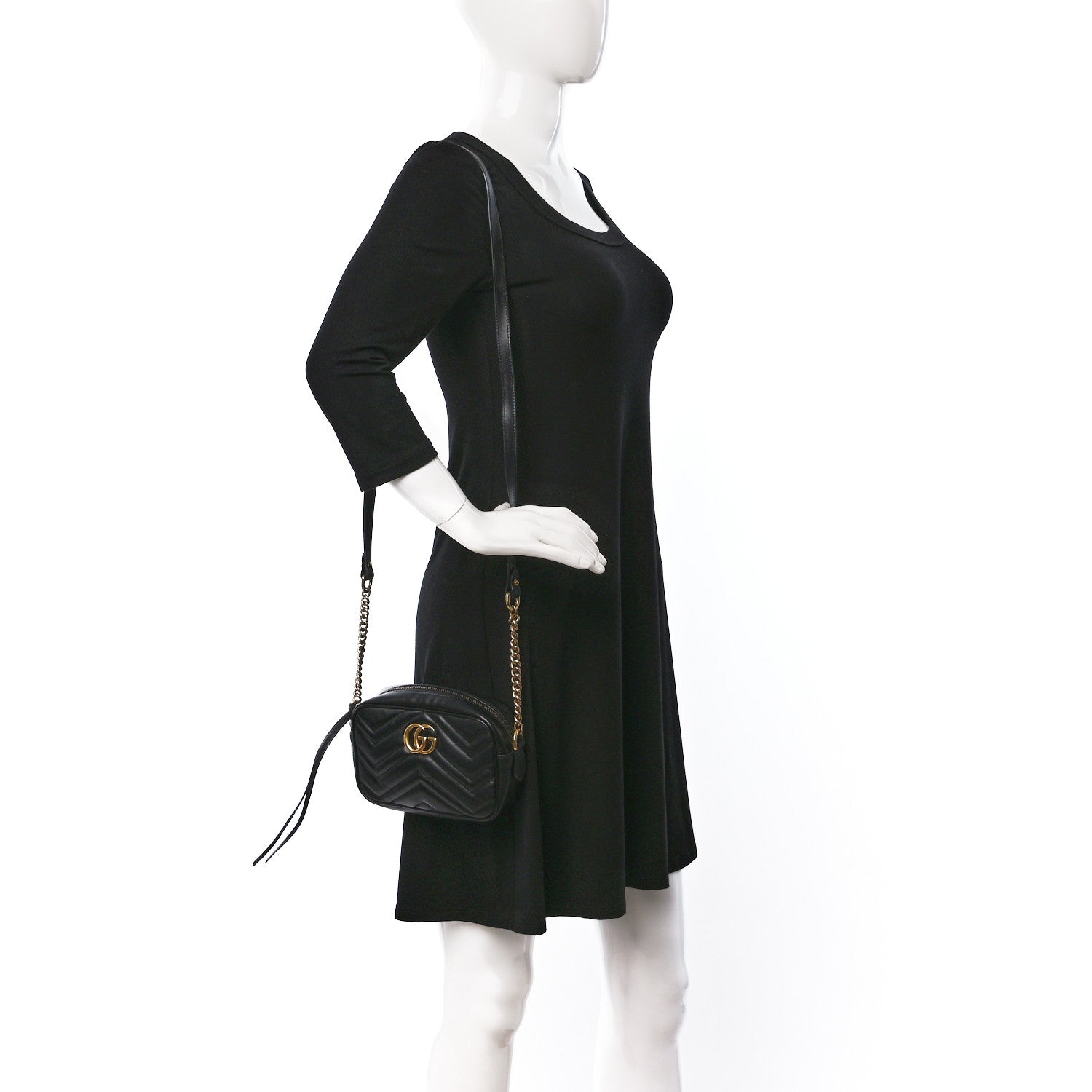 Gucci Calfskin Matelasse Mini GG Marmont Chain Shoulder Bag Black 2 of 9