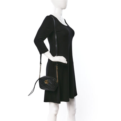 Gucci Calfskin Matelasse Mini GG Marmont Chain Shoulder Bag Black 2 of 9