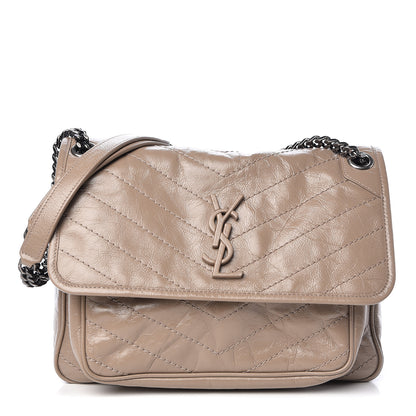 Saint Laurent Crinkled Calfskin Matelasse Monogram Medium Niki Chain Satchel Light Taupe 1 of 10