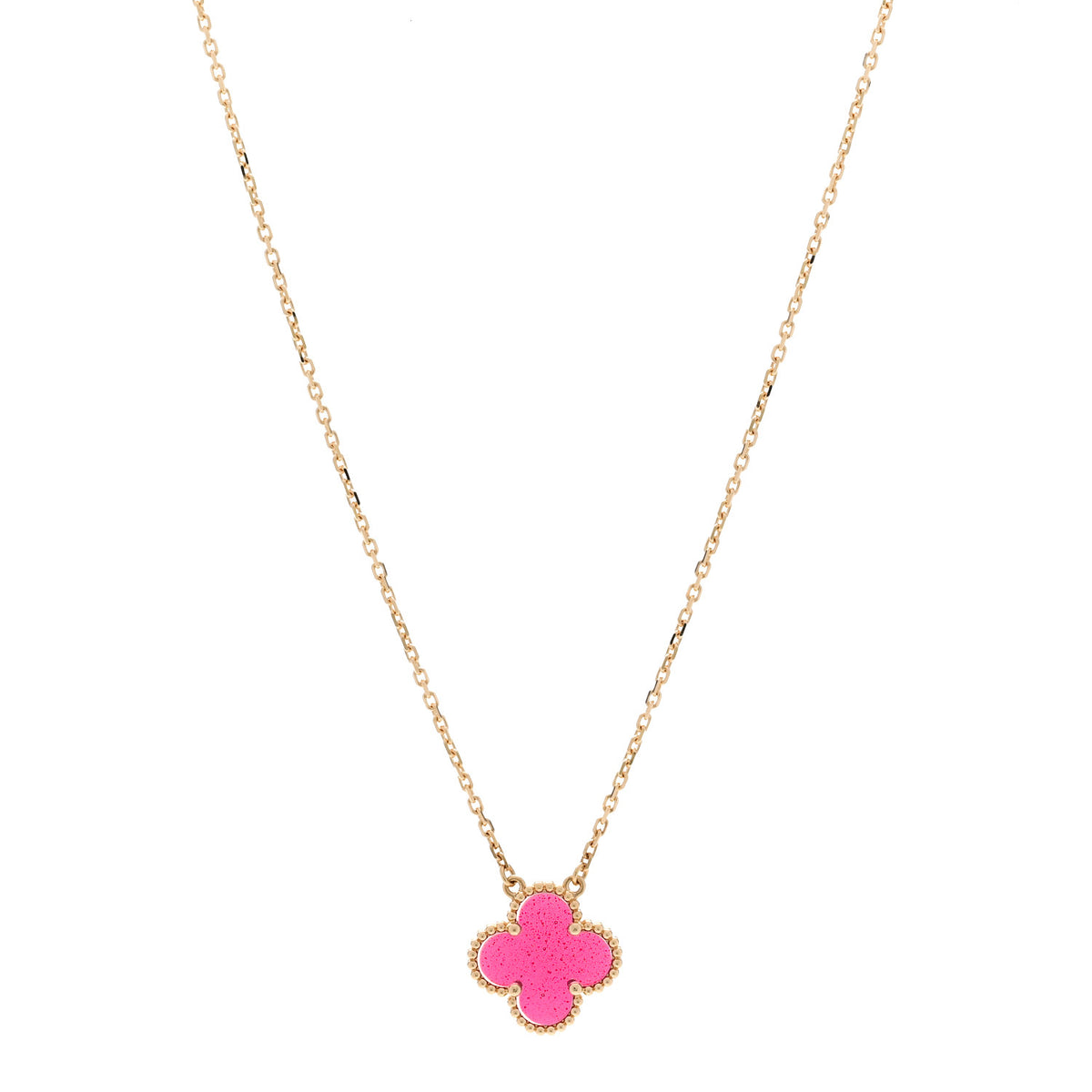 18K Yellow Gold Pink Enamel Vintage Alhambra Pendant Necklace
