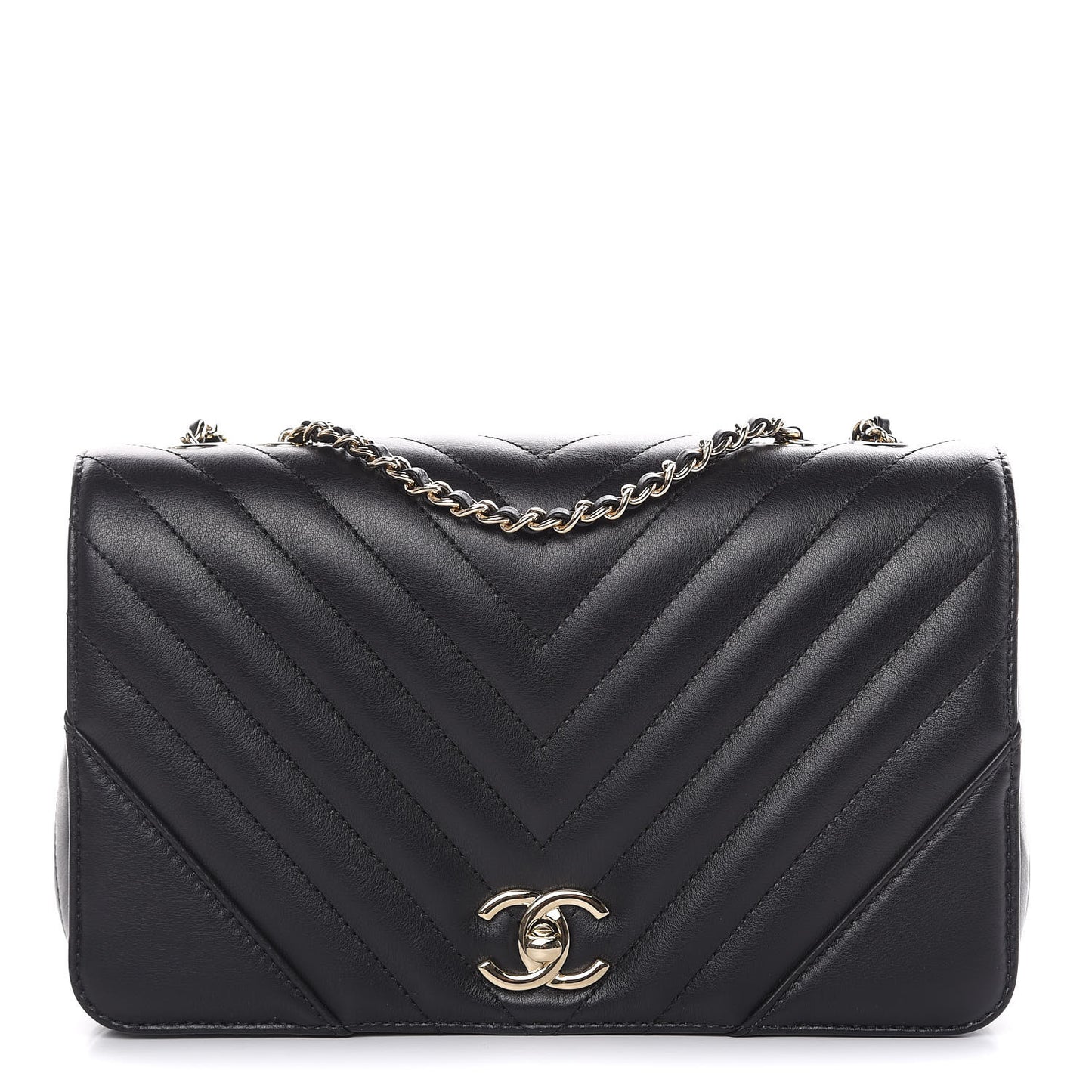 Calfskin Chevron Quilted Small Statement Flap Black