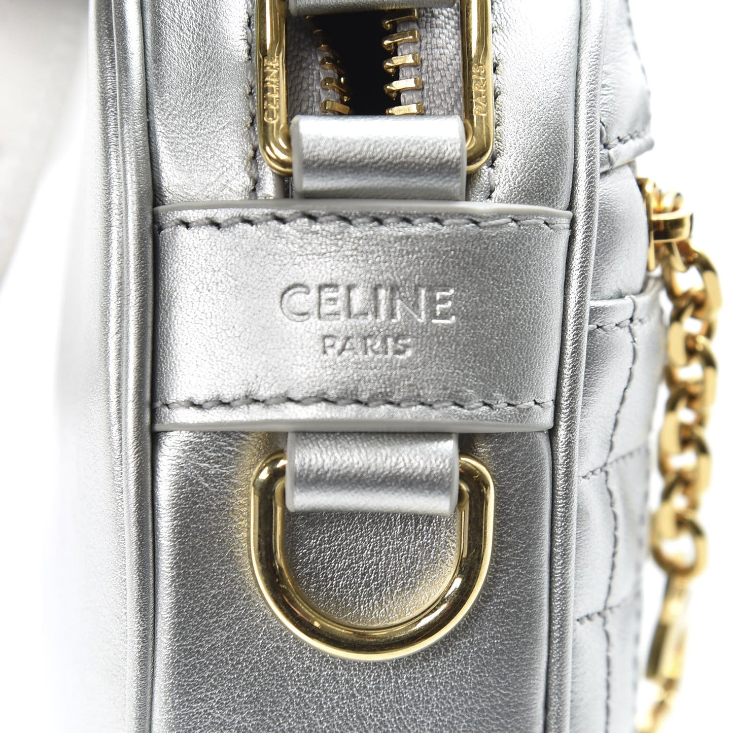 Laminated Calfskin Quilted Small C Charm Bag Silver