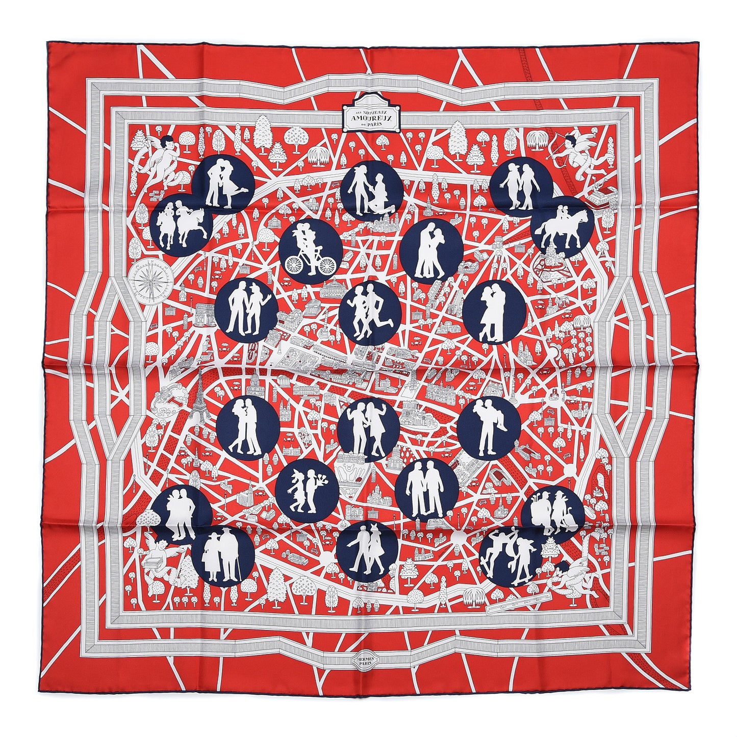 Silk Les Nouveaux Amoureux de Paris Scarf 90 Rouge Vif Marine Blanc