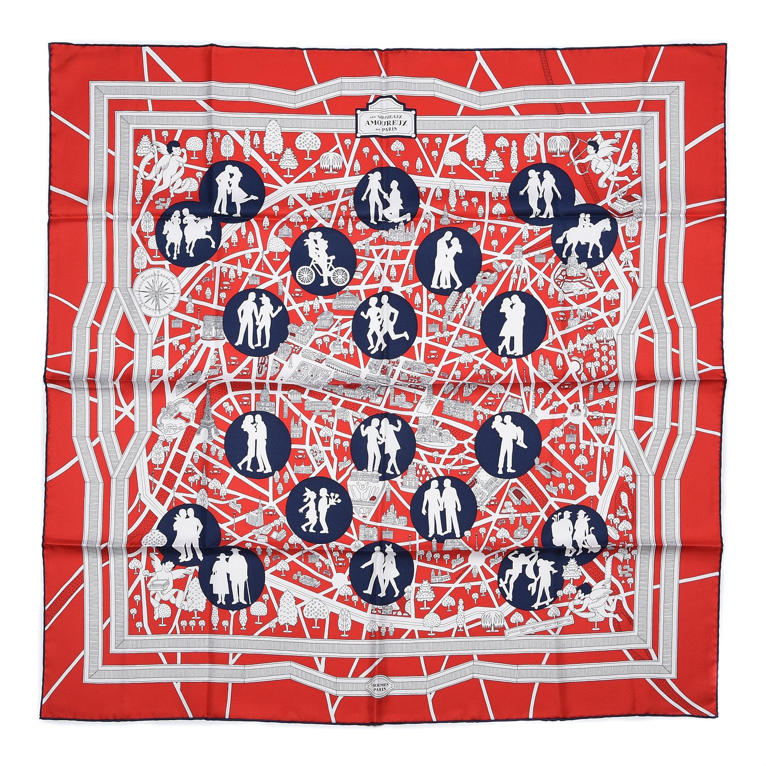 Hermes Silk Les Nouveaux Amoureux de Paris Scarf 90 Rouge Vif Marine Blanc 1 of 5