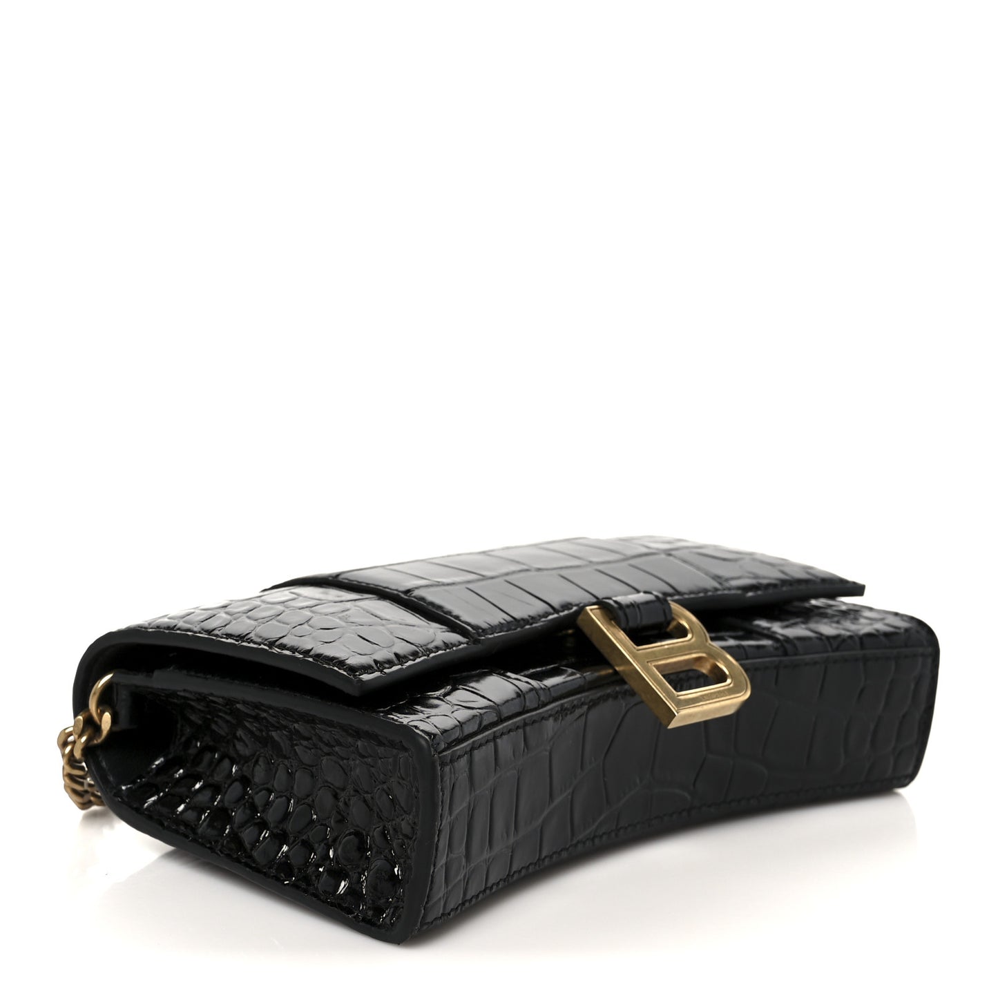 Shiny Calfskin Crocodile Embossed Hourglass Chain Bag Black