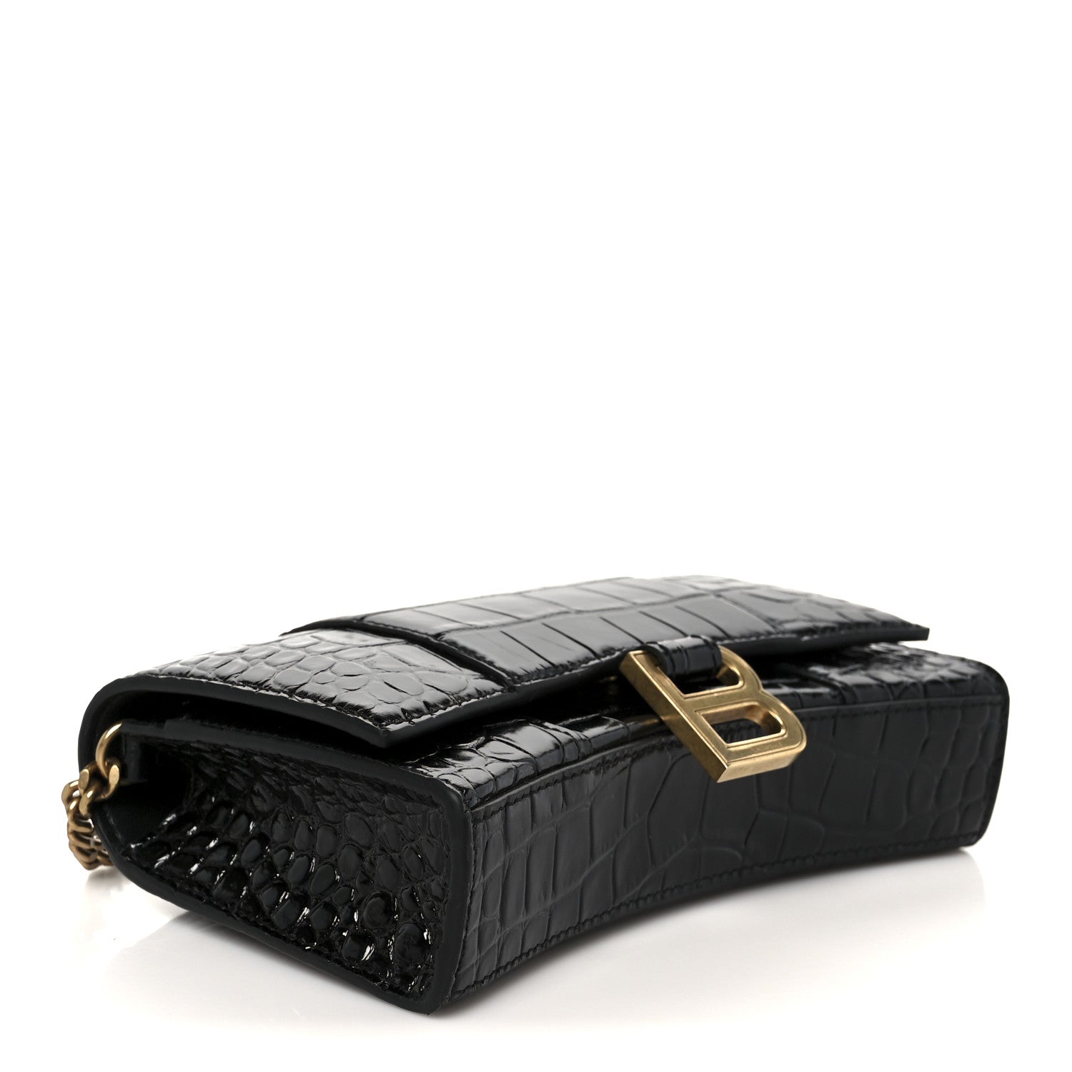 Balenciaga Shiny Calfskin Crocodile Embossed Hourglass Chain Bag Black 4 of 11