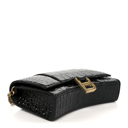 Balenciaga Shiny Calfskin Crocodile Embossed Hourglass Chain Bag Black 4 of 11