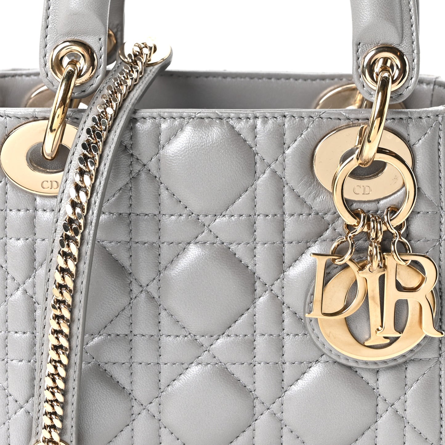 Metallic Lambskin Cannage Mini Lady Dior Grey