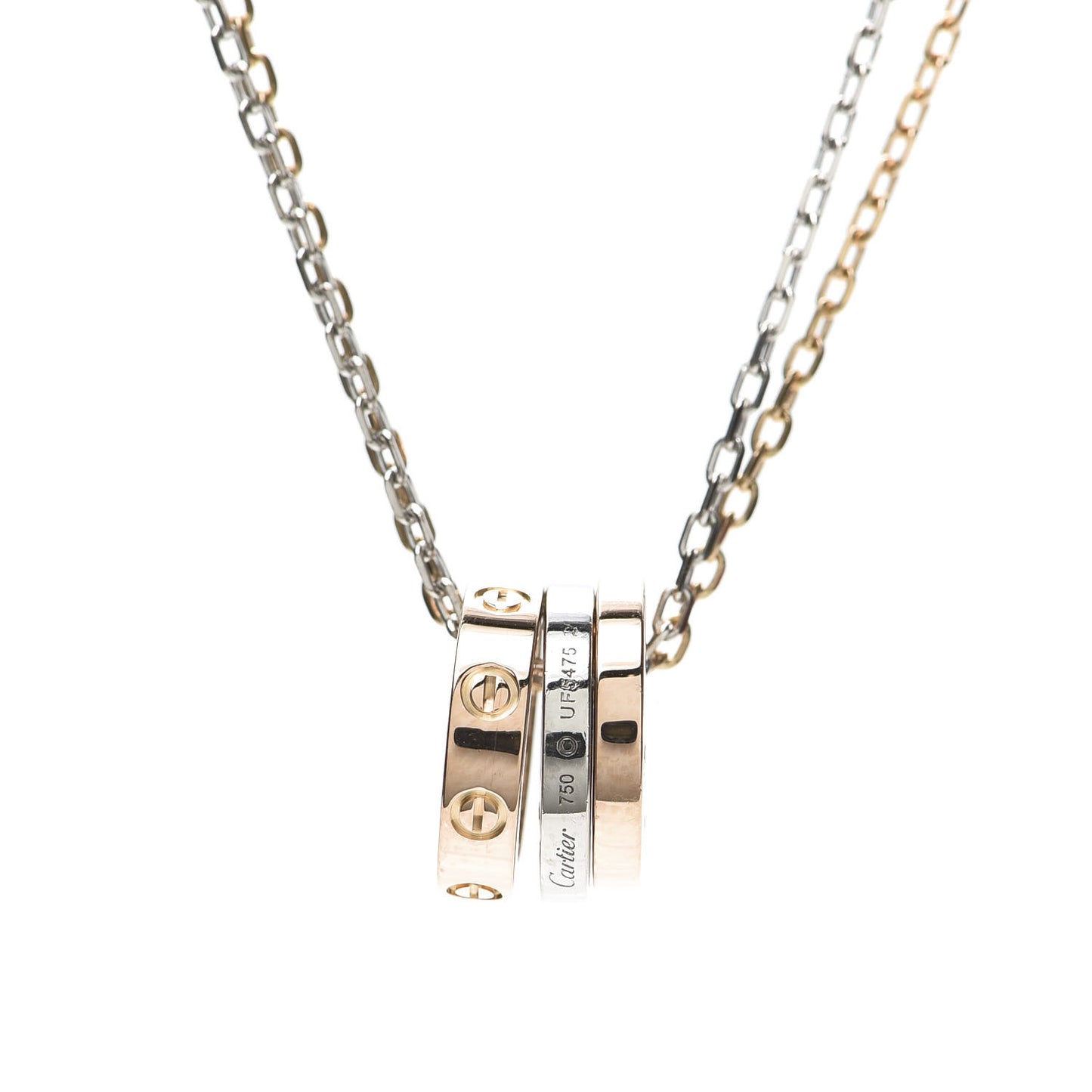 18K White Pink Gold Diamond Three Ring LOVE Pendant Necklace
