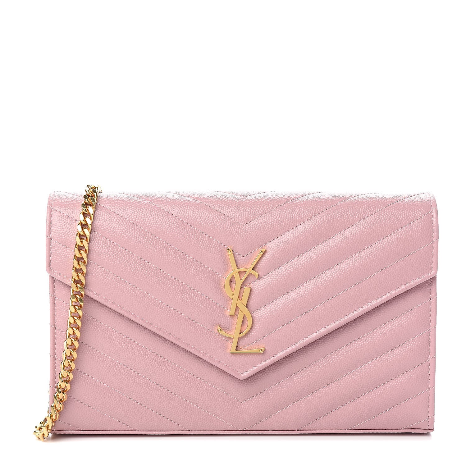 Saint Laurent Grain De Poudre Matelasse Chevron Monogram Chain Wallet Pale Pink 1 of 11