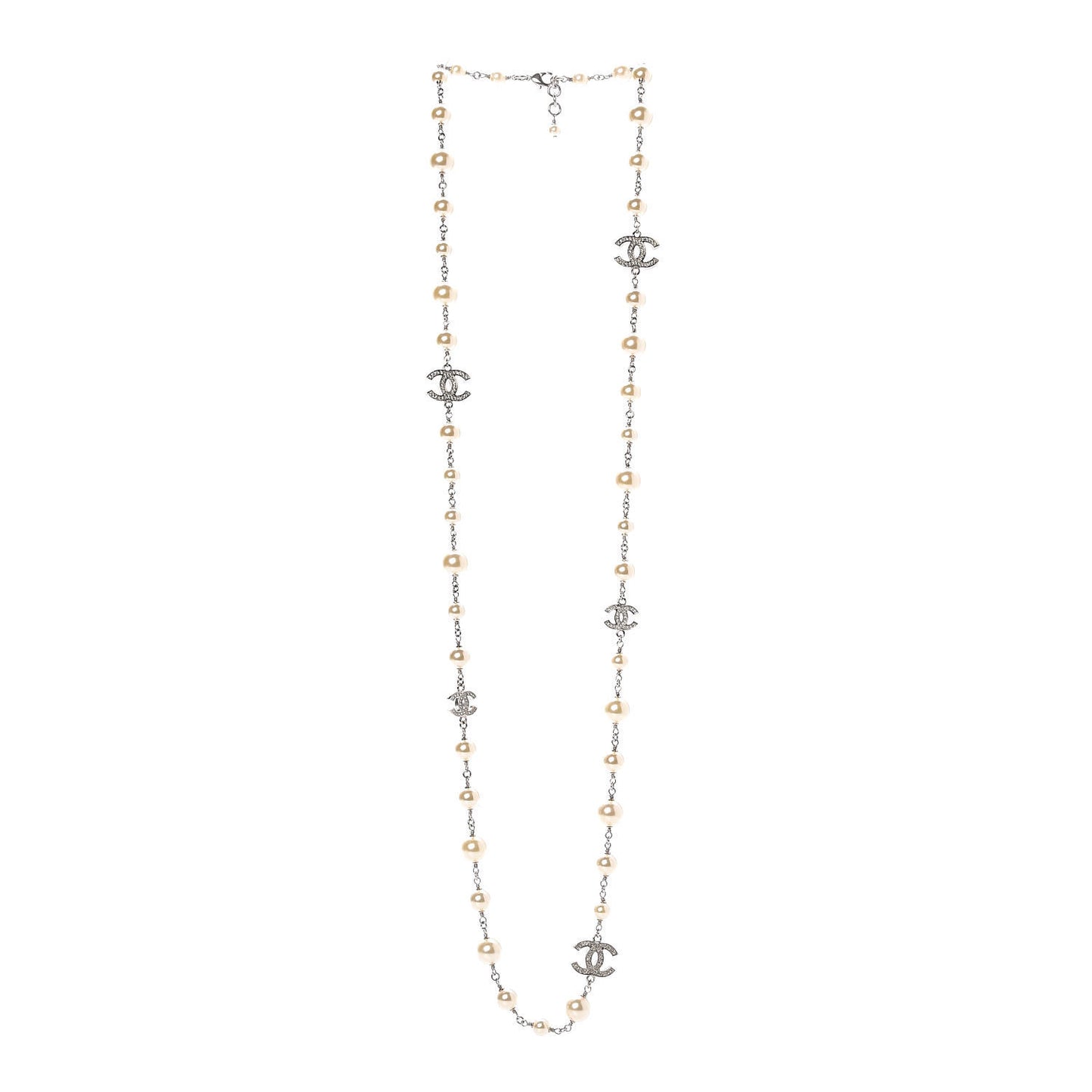 Crystal Pearl CC Long Necklace Silver
